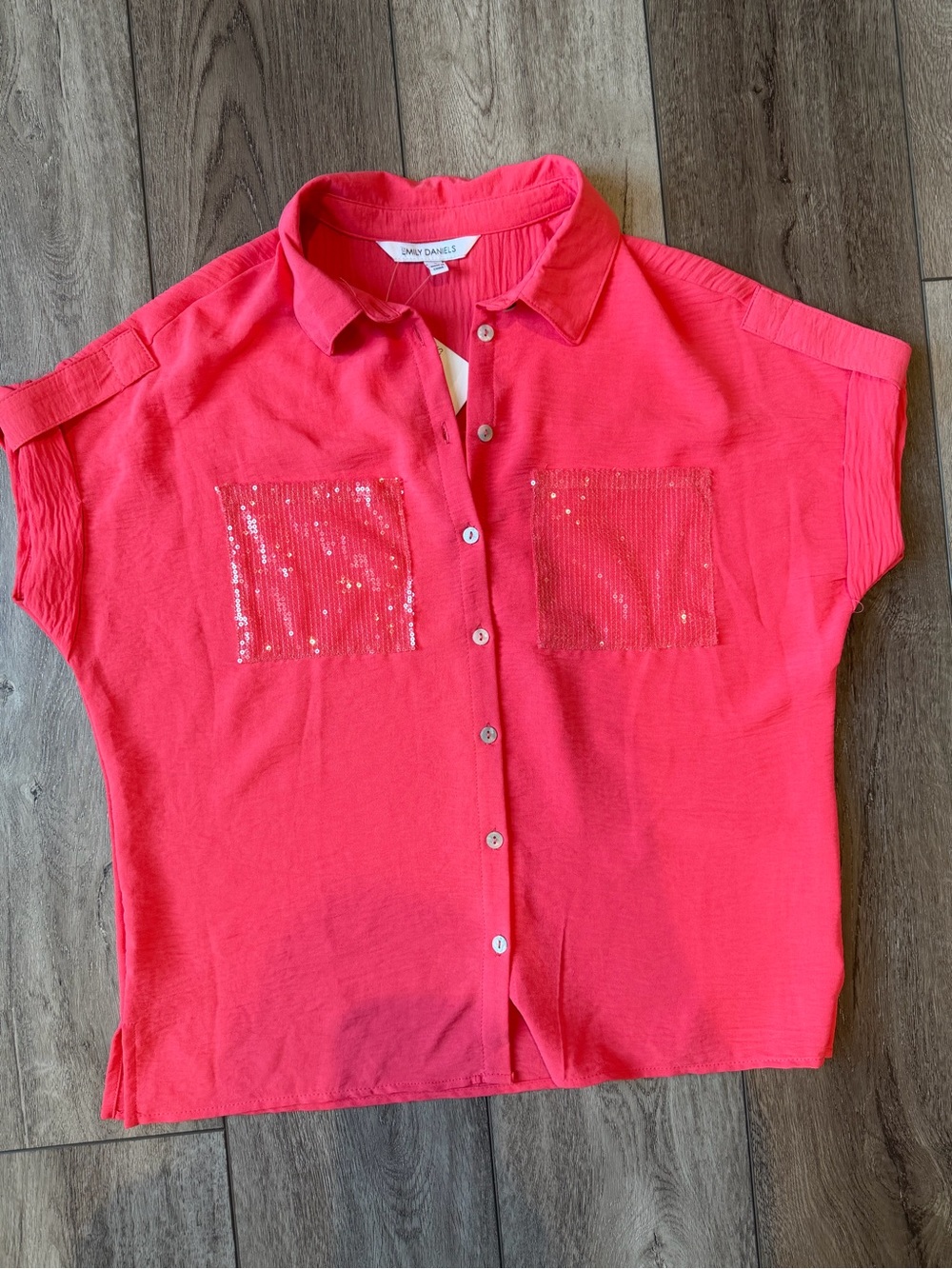 🆕 Emily Daniels- Bright Coral Sequin Pocket Button-Up Top